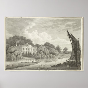 Land House med Sjö och Boats Poster
