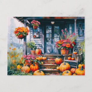 Land House with Pumpkins and Flowers Halloween Helg Vykort