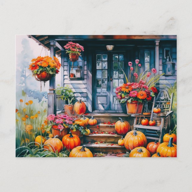 Land House with Pumpkins and Flowers Halloween Helg Vykort (Framsida)