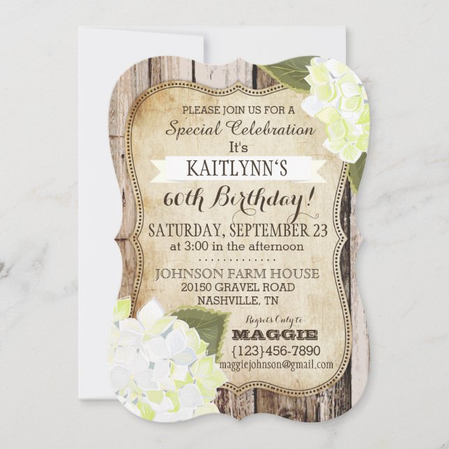 Land Hydrangeas och Rustic Wood Birthday Inbjudan (Framsida)