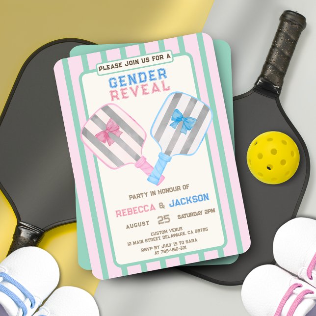 Land Klubb Rand Pickleball Gender Reveal Inbjudningar (Country Club Stripes Pickleball Gender Reveal Invitation)