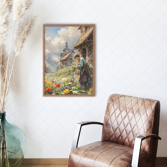 Land Landskap med flicka och blommor | Vattenfärg Canvastryck (Skapare uppladdad)