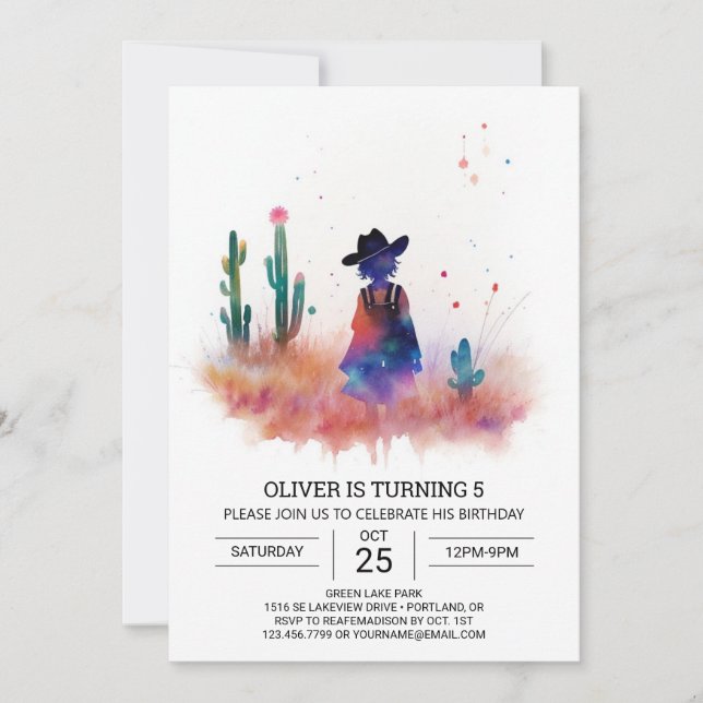 Land Life Watercolor Cowboy Birthday Inbjudningar (Framsida)