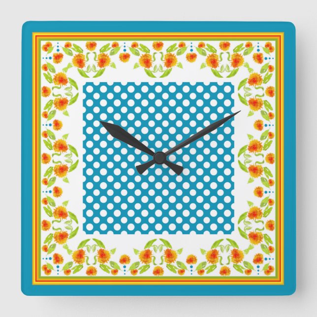Land Marigolds Gräns och Polka dots Wall Clock Fyrkantig Klocka (Framsida)
