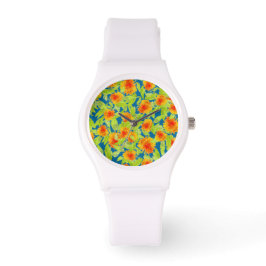 Land Marigolds on Blue Sporty White Wristwatch Armbandsur