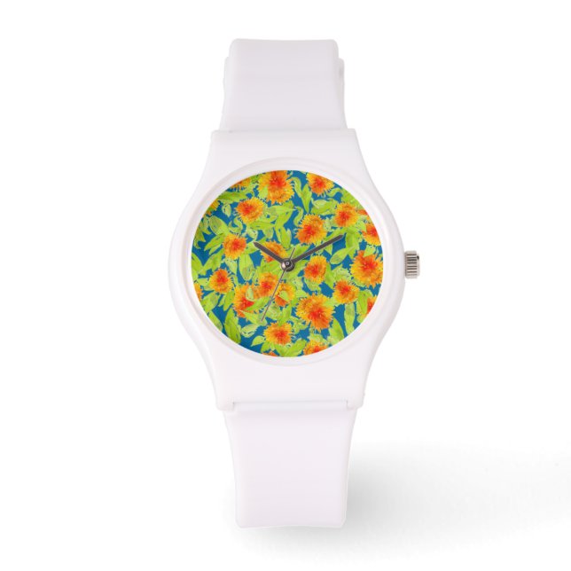 Land Marigolds on Blue Sporty White Wristwatch Armbandsur (Framsida)
