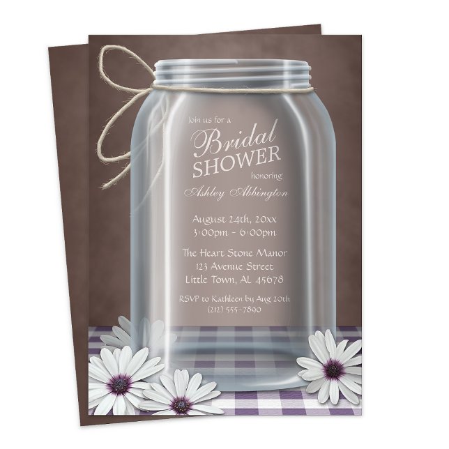 Land Mason Burk Lila Gingham Möhippa  Inbjudningar (Country Mason Jar Purple Gingham Bridal Shower Invitation from Starzraven. Downloadable evite, too.)