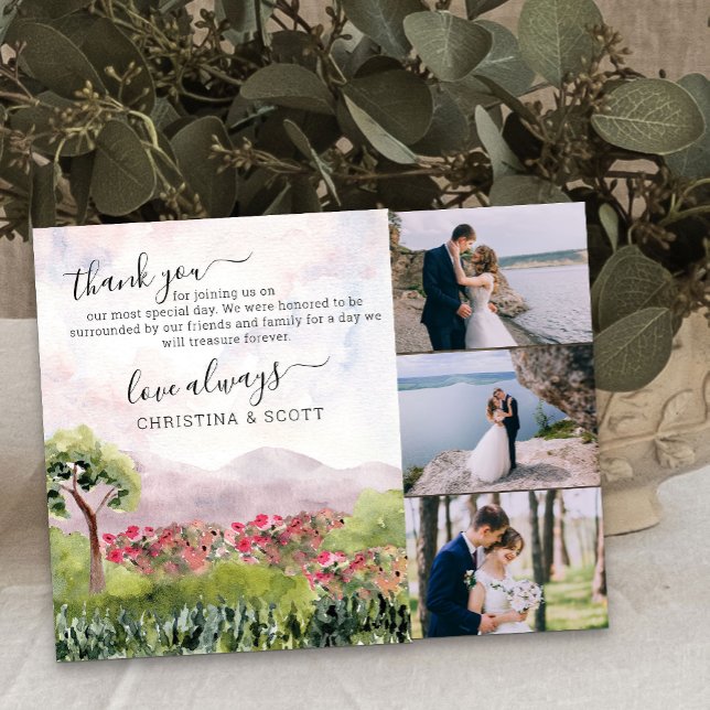Land Meadow Bröllop Watercolor Tack Kort (Wedding photo thank you cards from the Country Meadow collection)