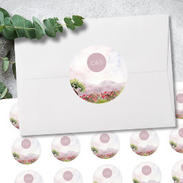 Land Meadow Watercolor Bröllop Enkelt Monogram Runt Klistermärke