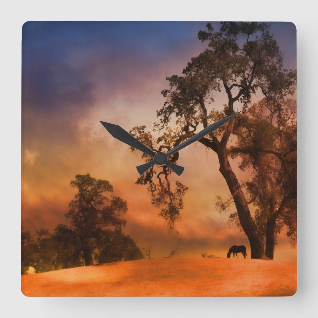 Land med häst och solnedgång fyrkantig klocka (Framsida)