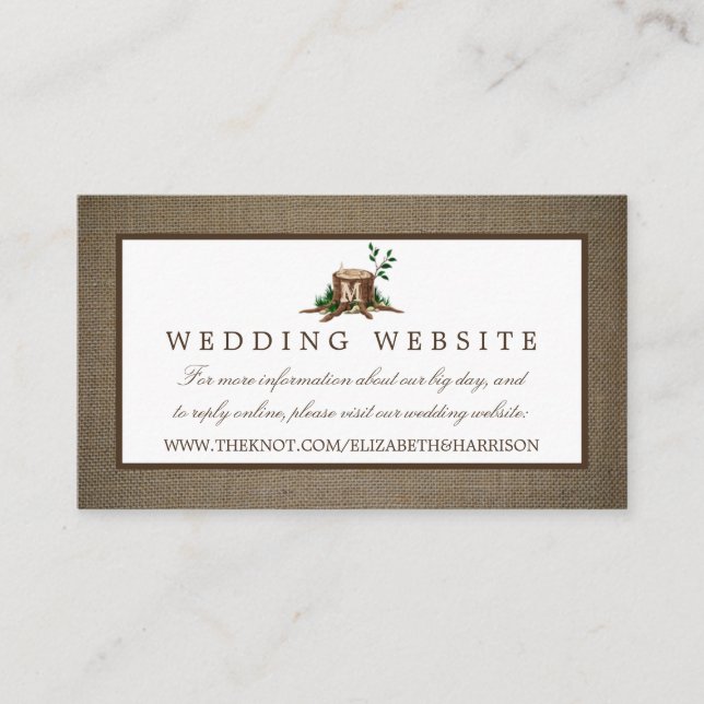 Land Monogram Träd & Burlap Bröllop webbplats Tilläggskort (Framsida)