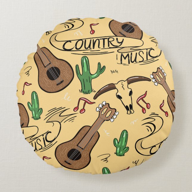 Land Music Guitar Cactus Mönster Rund Kudde (Framsidan)
