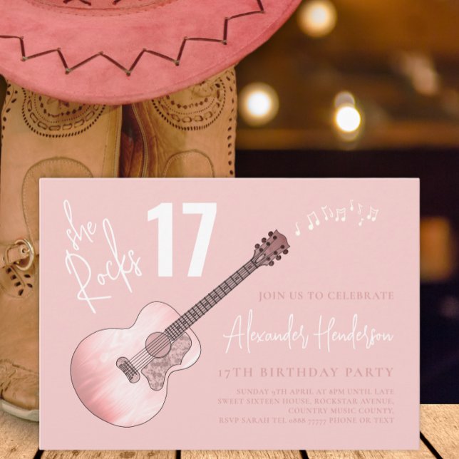 Land Music Rosa Guitar 17:e Födelsedagsfesten Inbjudningar (Cool country music pink guitar 16th birthday party invitation )