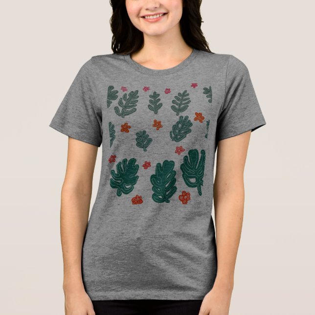land och hav: blommor och växter av doodle mönster t shirt (Framsida)