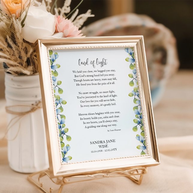 Land of Light Sorgdikt Minnesaffisch Poster (Poem Poster for funeral decor / memorial keepsake framed with greenery by Darling & May)