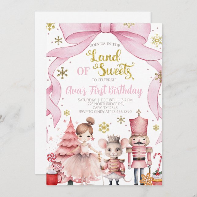 Land of Sweets nutcracker birthday invitation. Inbjudningar (Fram/baksida)