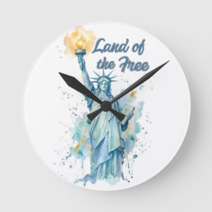 "Land of the Free - Akvarell Staty över Frihetsgud Rund Klocka