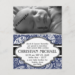 Land Paisley Nyfödd bebis Boy Birth Notice Meddelande