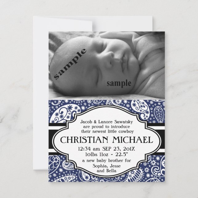 Land Paisley Nyfödd bebis Boy Birth Notice Meddelande (Framsida)