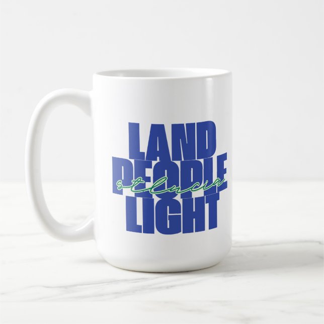 Land People Light | St Lucia Blue och Grönt Text Kaffemugg (Vänster)