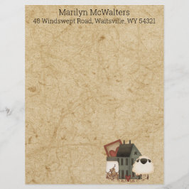 Land Prim Folk Art Grönt Saltbox, får Brevhuvud