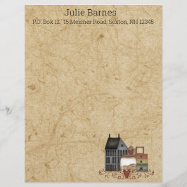 Land Primitive Folk Art Blue Saltbox Home Brevhuvud