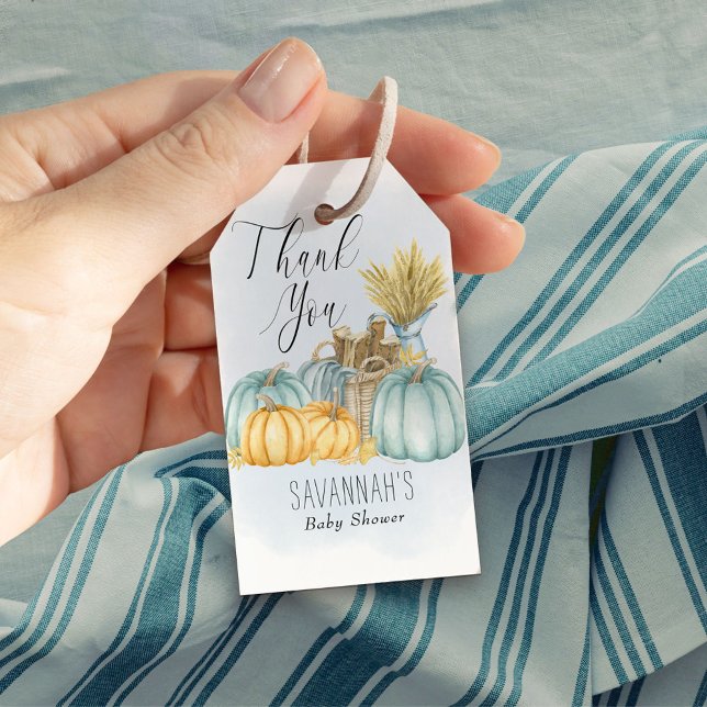 Land Pumpkin Blue Watercolor Tack Presentetikett (Fall Baby Shower gift tags with Thank You script & rustic style, from my Country Pumpkin collection)