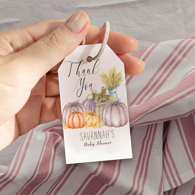 Land Pumpkin  Rosa Watercolor Tack Presentetikett (Fall Baby Shower gift tags with Thank You script & rustic style, from my Country Pumpkin collection)