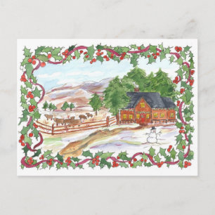 Land Ranch House Cows God jul Helg Vykort