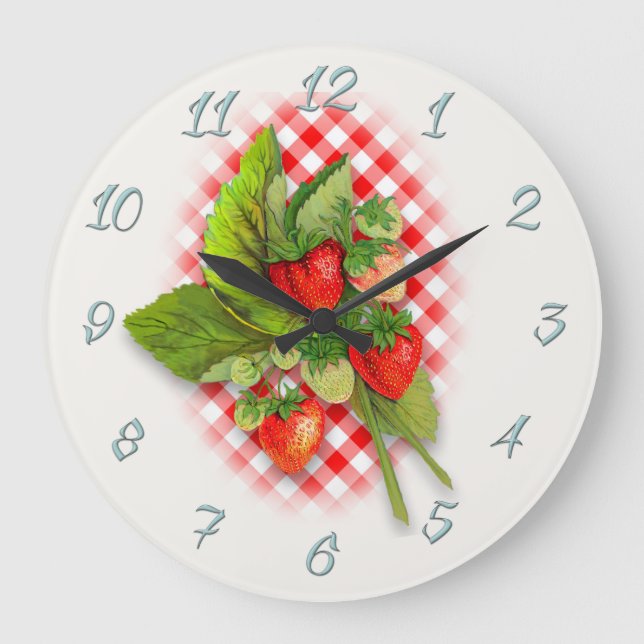 Land Red Gingham och jordgubbar Stor Klocka (Framsida)