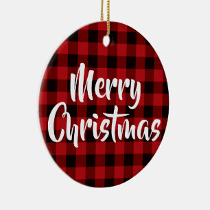 Land röd, svart buffel plaid - God jul Julgransprydnad Keramik
