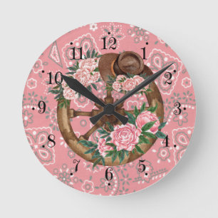 Land Rosa Flower Hat Wagon Wheel Clock Rund Klocka