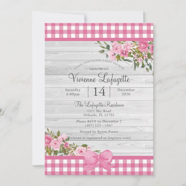 Land Rosa Gingham Blommigt Baby Shower Inbjudningar (Framsida)