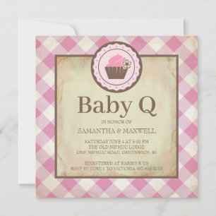 Land Rosa Gingham och Cupcoa Baby Q Picnic Inbjudningar