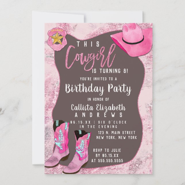 Land Rosa Glitter Cowgirl Barns födelsedag Inbjudningar (Framsida)