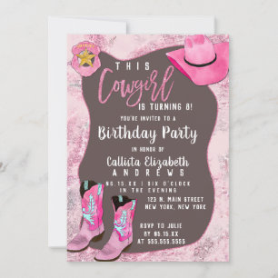 Land Rosa Glitter Cowgirl Barns födelsedag Inbjudningar