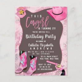 Land Rosa Glitter Cowgirl Watercolor Birthday Inbjudan Vykort