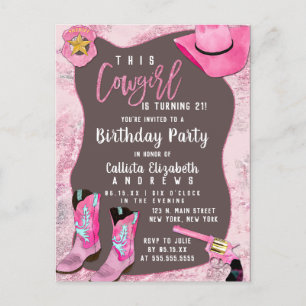 Land Rosa Glitter Cowgirl Watercolor Birthday Inbjudan Vykort