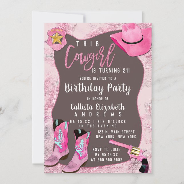 Land Rosa Glitter Cowgirl Watercolor Birthday Inbjudningar (Framsida)
