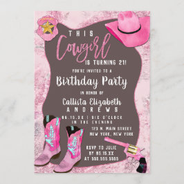 Land Rosa Glitter Cowgirl Watercolor Birthday Inbjudningar