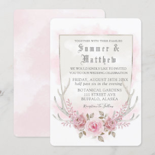 Land Rosa Grått Watercolor Peony Antlers Bröllop Inbjudningar