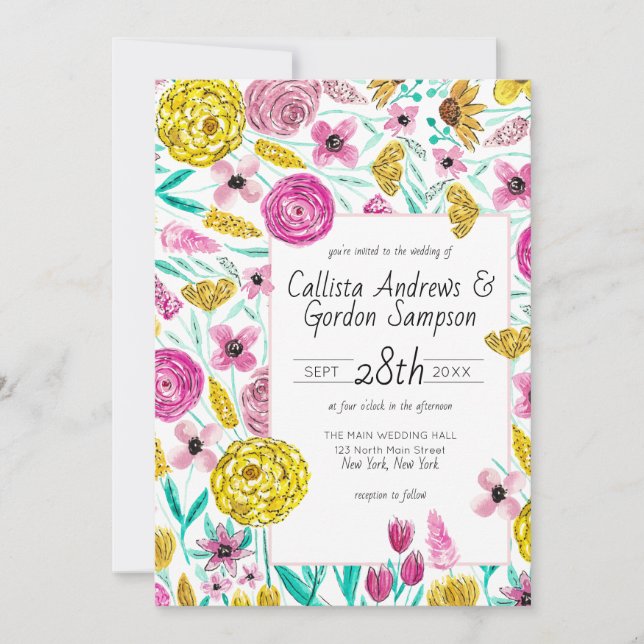 Land Rosa Gult Blommigt Watercolor Bröllop Inbjudningar (Framsida)