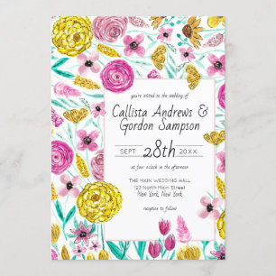 Land Rosa Gult Blommigt Watercolor Bröllop Inbjudningar
