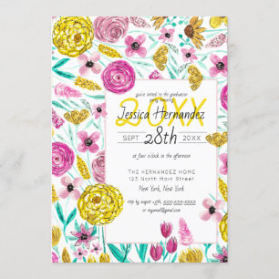 Land Rosa Gult Blommigt Watercolor Studenten Inbjudningar