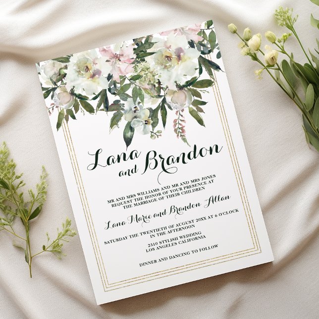 Land rosa kräm, klassiskt skript blommigt bröllop inbjudningar (Country pink cream classic script floral wedding)