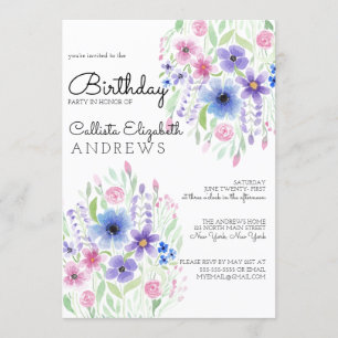 Land Rosa Lila Blommigt Watercolor Birthday Inbjudningar