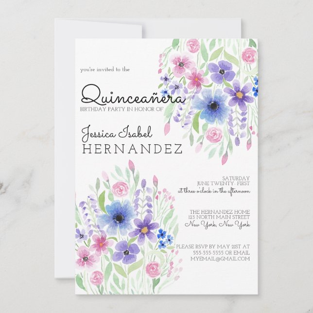 Land Rosa Lila Blommigt Watercolor Quinceañera Inbjudningar (Framsida)