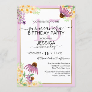 Land Rosa Lila Gult Vild Flower Quinceañera Inbjudningar