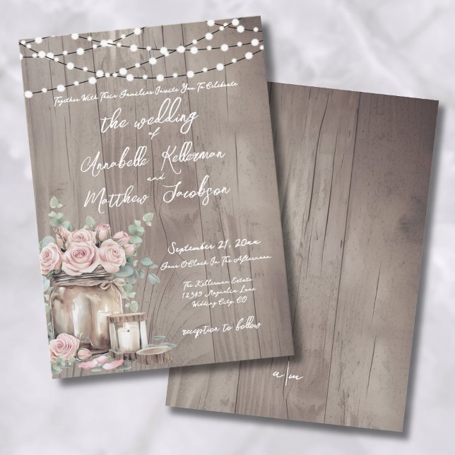 Land  Rosa ros Rustic Wood Bröllop Inbjudningar (Country Blush Pink Roses Rustic Wood Wedding Invitation)