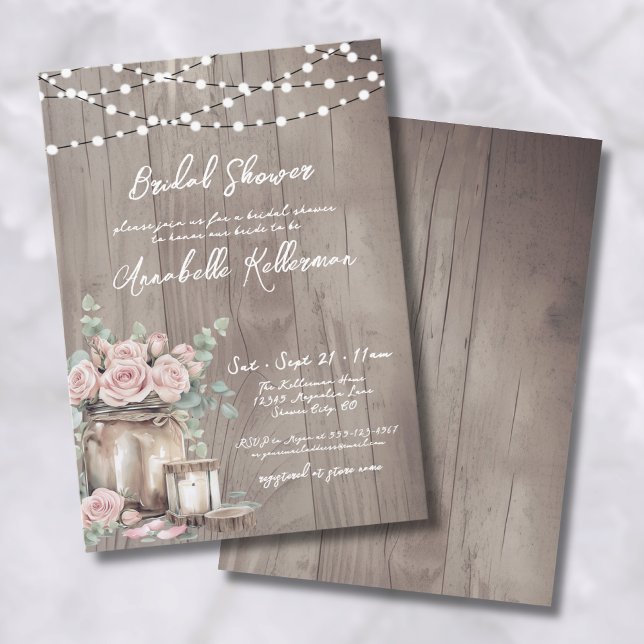 Land  Rosa ros Rustic Wood Möhippa Inbjudningar (Country Blush Pink Roses Rustic Wood Bridal Shower Invitation)